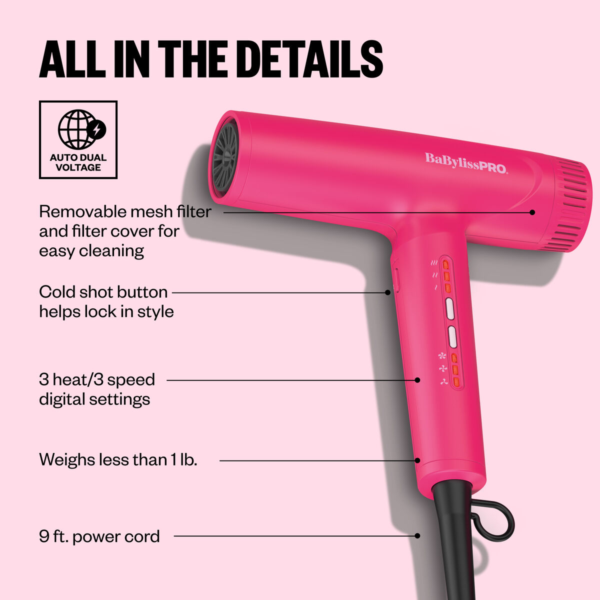 BaBylissPRO&reg; Limited Edition Nano Light High-Speed Ionic Dryer (Hot Pink), , hi-res 3