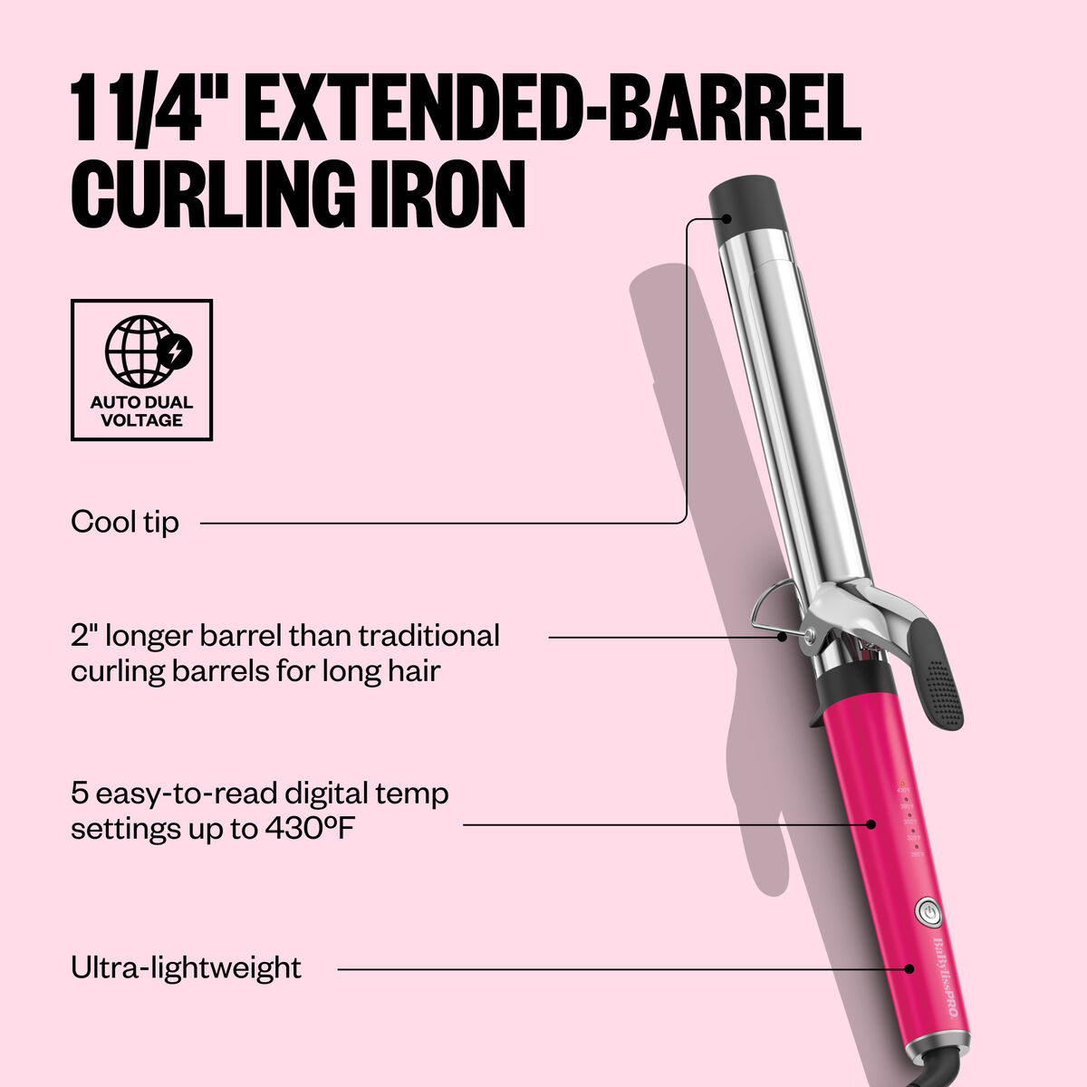 BaBylissPRO&reg; Limited Edition Extended-Barrel 1&frac14;" Curling Iron (Hot Pink), , hi-res 3