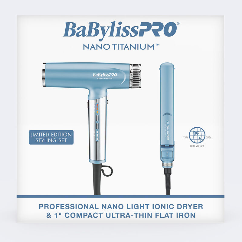 BaBylissPRO&reg; Nano Titanium&trade; Limited Edition Professional Nano Light Dryer & 1" Compact Ultra-Thin Flat Iron Prepack, , hi-res