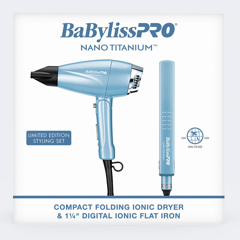 BaBylissPRO&reg; Nano Titanium&trade; Limited Edition Compact Folding Ionic Dryer & 1.25" Digital Ionic Flat Iron Prepack, , hi-res