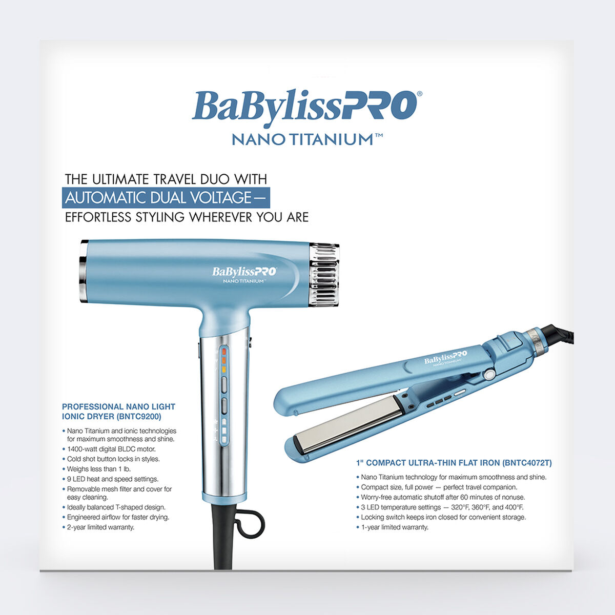 BaBylissPRO&reg; Nano Titanium&trade; Limited Edition Professional Nano Light Dryer & 1" Compact Ultra-Thin Flat Iron Prepack, , hi-res 4