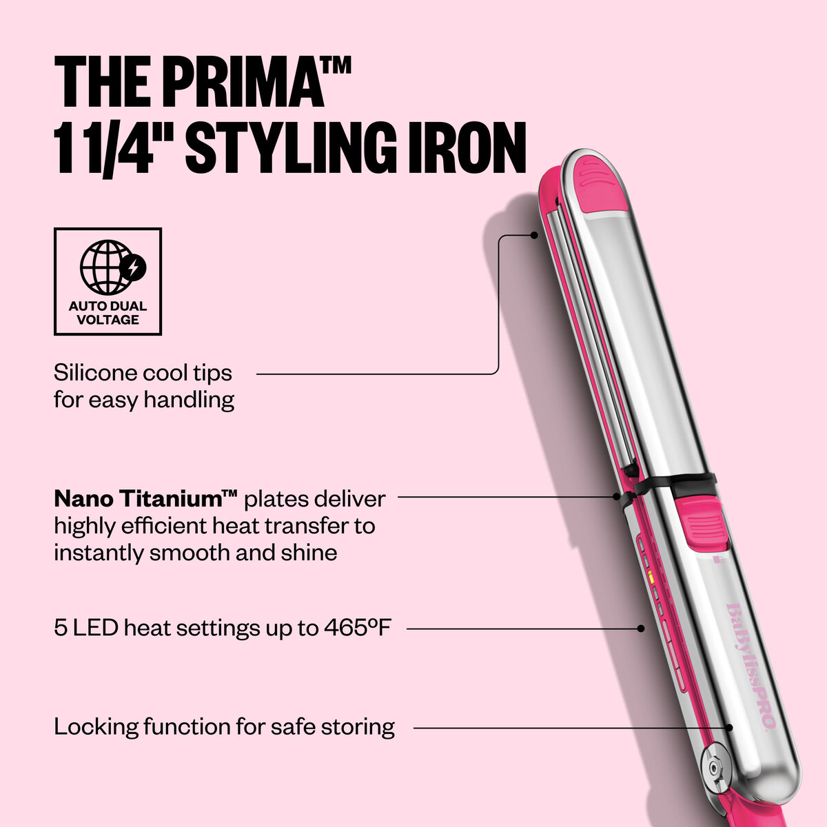 BaBylissPRO&reg; Limited Edition Prima3000&reg; 1&frac14;" Styling Iron (Hot Pink), , hi-res 3