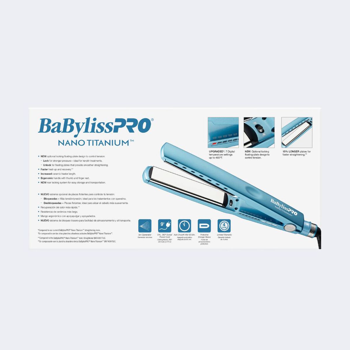 BaBylissPRO&reg; Nano Titanium&trade; Professional Extended 1 1/4" Ionic Flat Iron, , hi-res 8