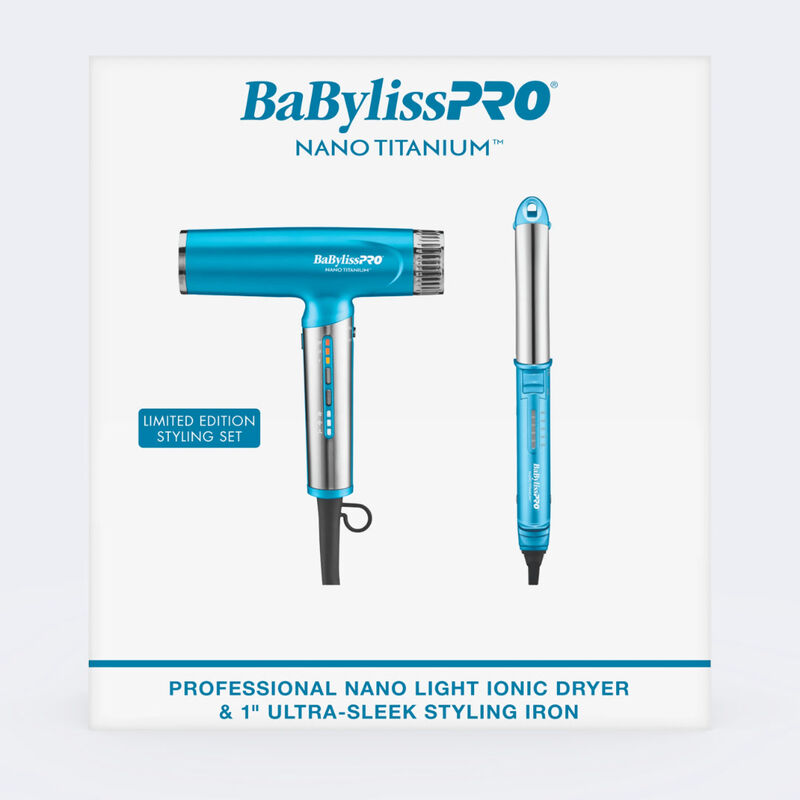 BaBylissPRO&reg; Nano Titanium&trade; Nano Light Ionic Dryer & 1" Ultra-Sleek Styling Iron Prepack, , hi-res