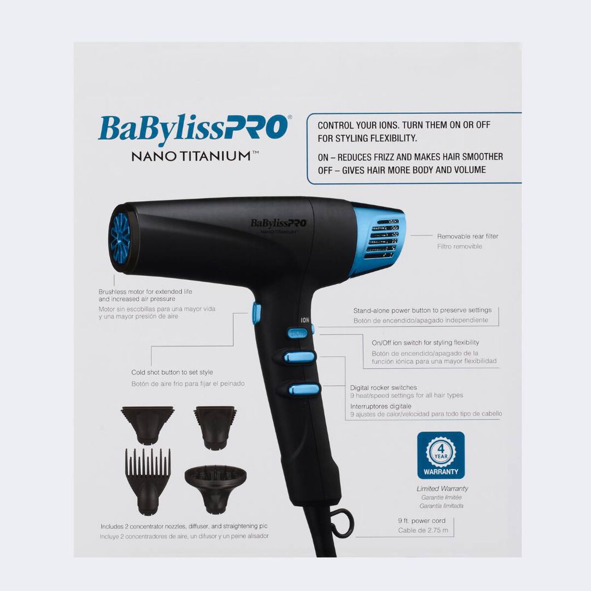 BaBylissPRO&reg; Nano Titanium&trade; Limited Edition Black & Blue Professional High-Speed Dual Ionic Dryer, , hi-res 6