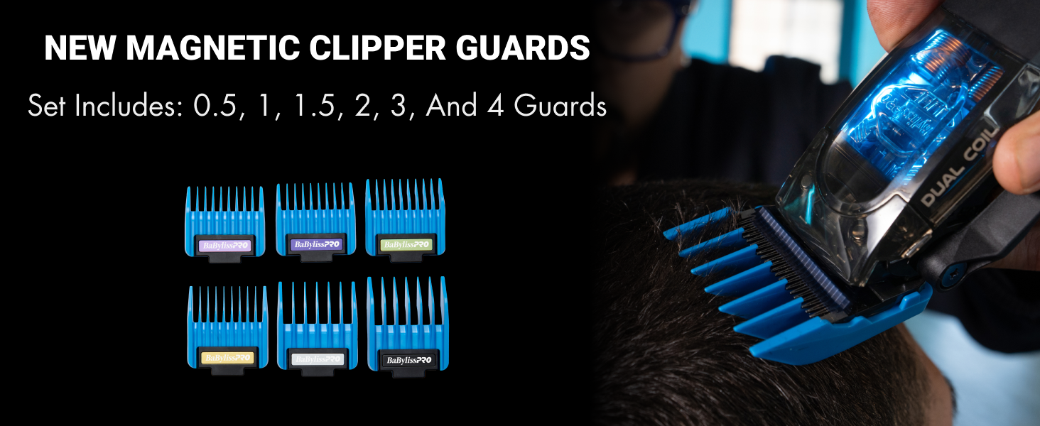 product comes with new magnetic blue clipper guards. the set includes 0.5, 1, 1.5, 2, 3, and 4 guards.