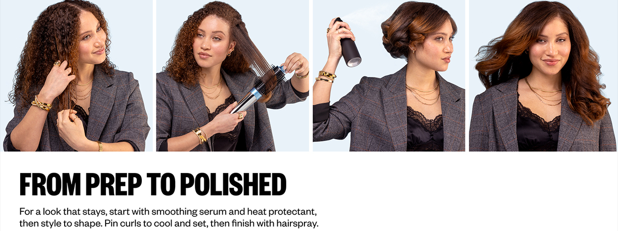 A two-step hair styling guide titled from prep to polished. With a woman on the left side prepping her hair using smoothing serum on curly hair, styling it using the round brush attachment on the style switch, and then applying hair spray on her styled curls.