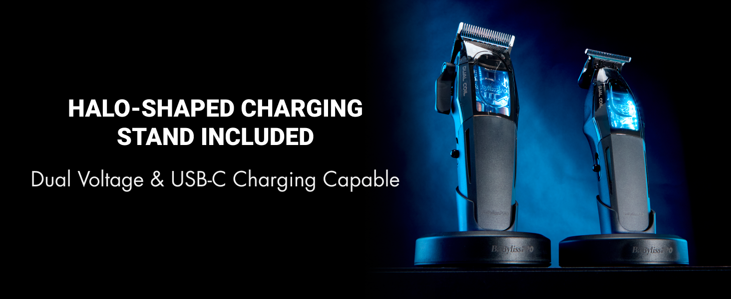 halo-shaped charging stand included with dual voltage and usb-c charging capabilities