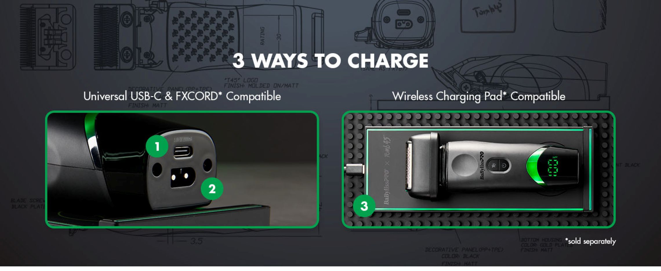 three ways to charge with universal usb-c and fxcord compatibility. compatible with tomb45 wireless charging pad.