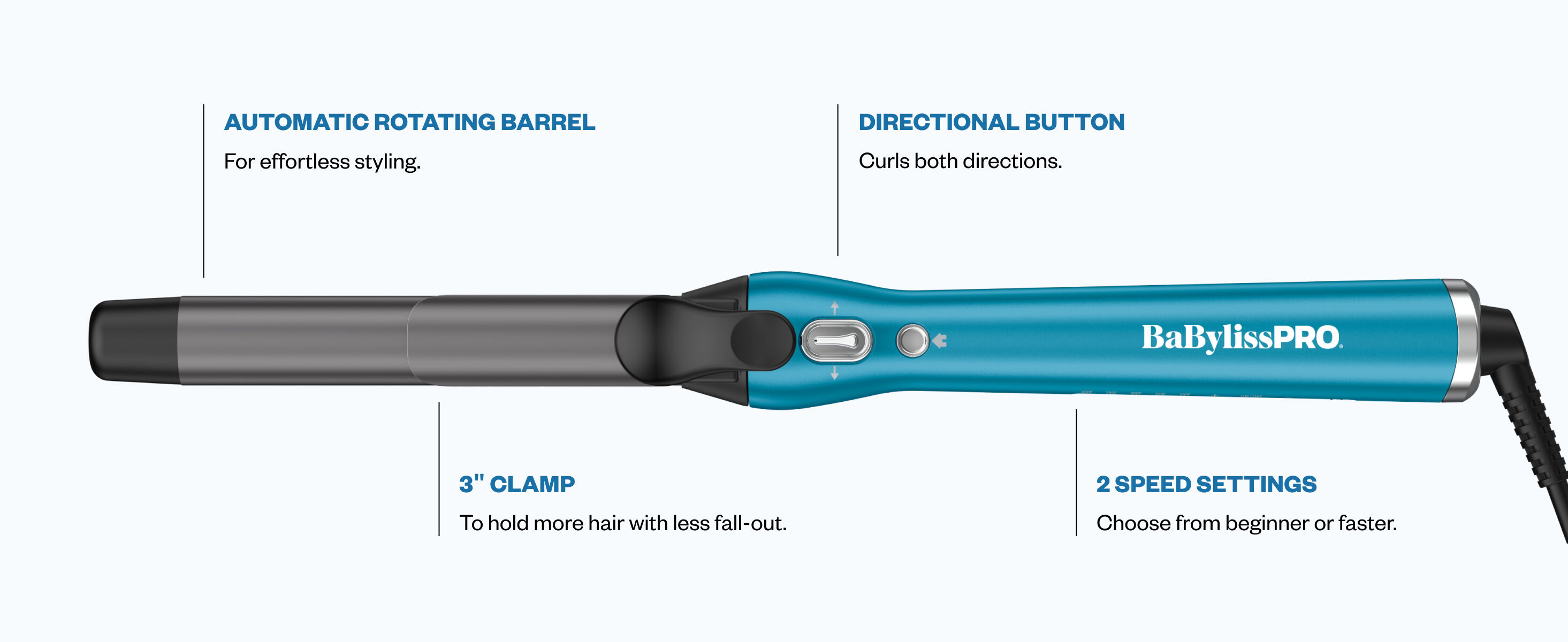 the auto curler features an automatic rotating barrel for effortless styling, a directional button to curl in both directions, a 3 inch clamp to hold more hair with less fall-out, and 2 speed settings between beginner or faster.
