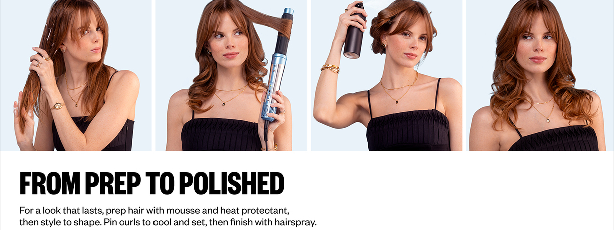 A two-step hair styling guide titled from prep to polished. With a woman on the left side prepping her hair using mousse on straight hair, and the same woman on the right side applying hair spray on her styled curls.