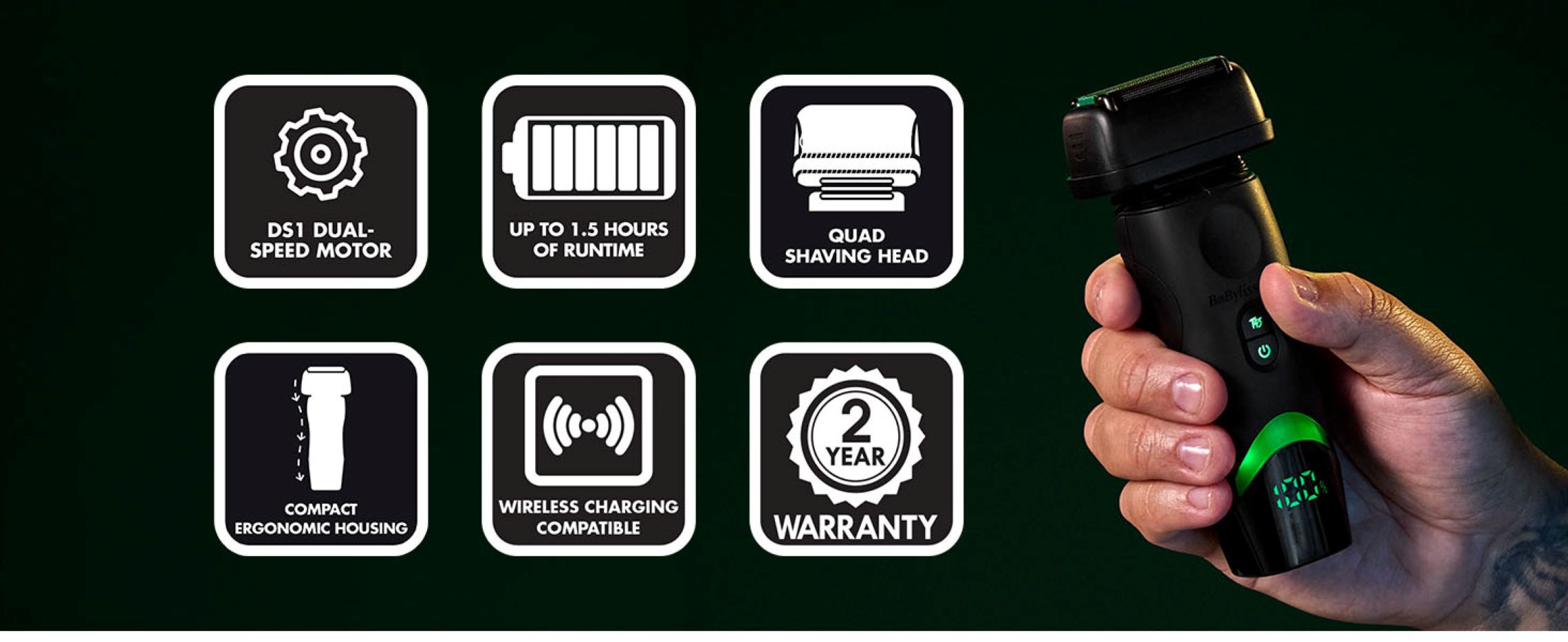 the foil shaver features a ds1 dual speed motor. features a quad shaving head with up to 1.5 hours of runtime and compact ergonomic housing. wireless charging compatible with a 2-year warranty.