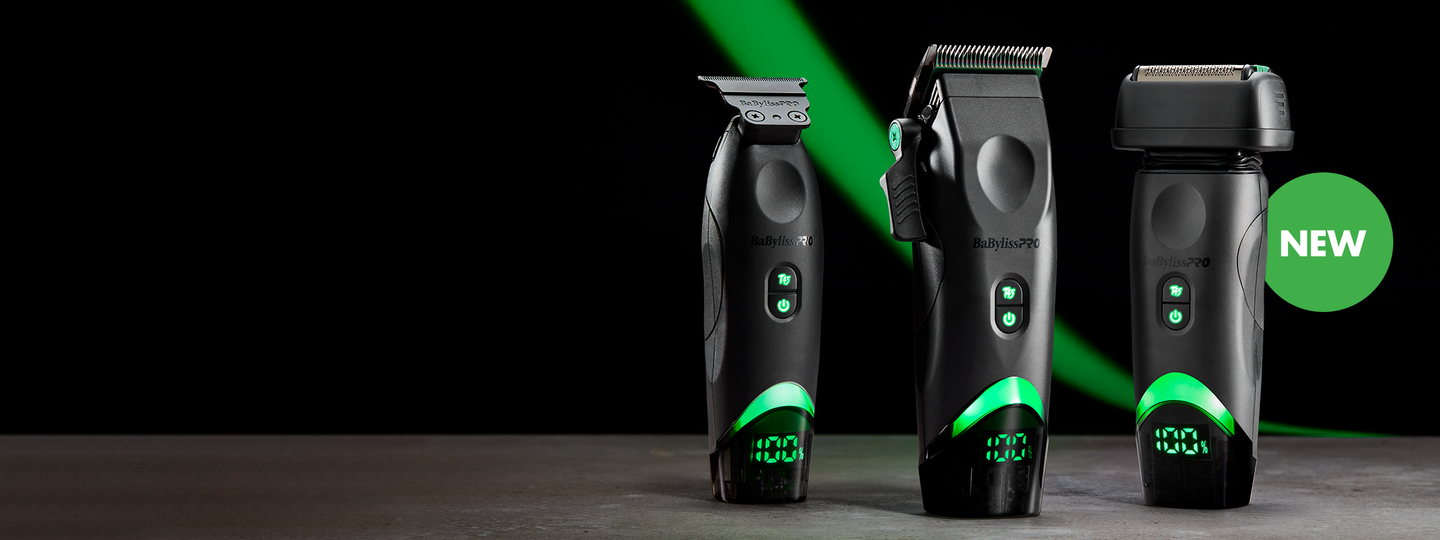 collection of black barber tools with green accents and LED screens