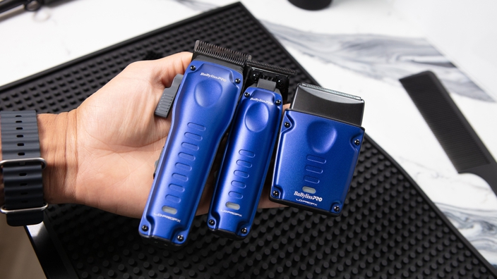 set of babylisspro compact lo-pro clipper, trimmer, and foil shaver set in blue 